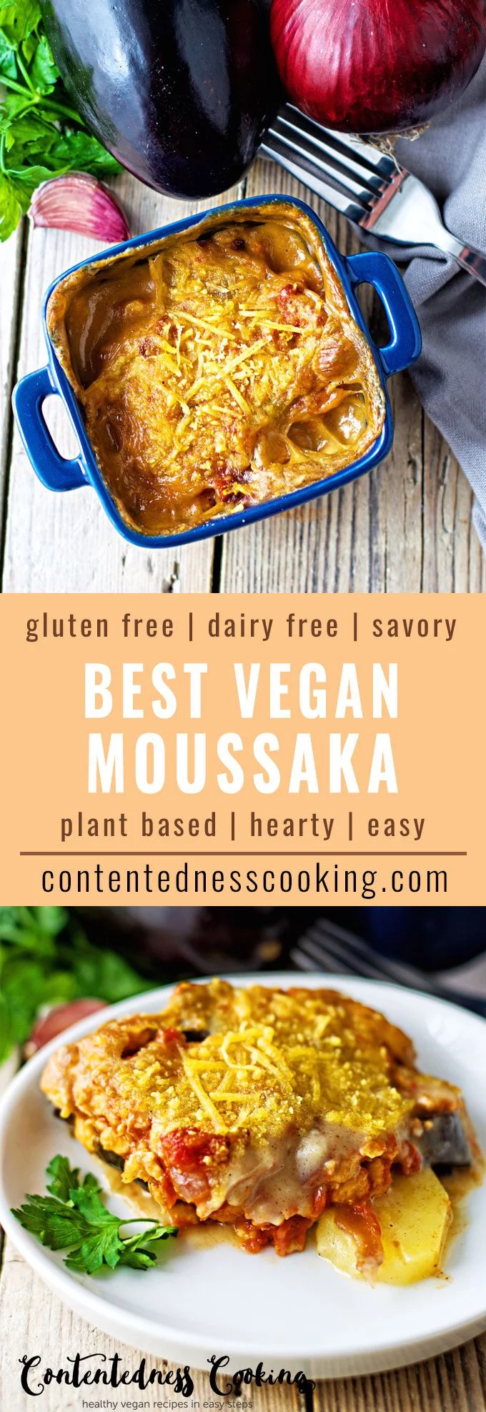 Collage of two pictures of the Best Vegan Moussaka with the recipe title text.