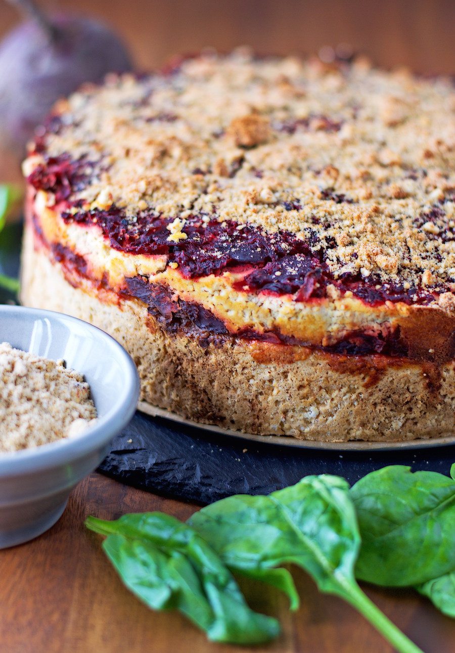 Closeup from the side to the Beet and Spinach Tart