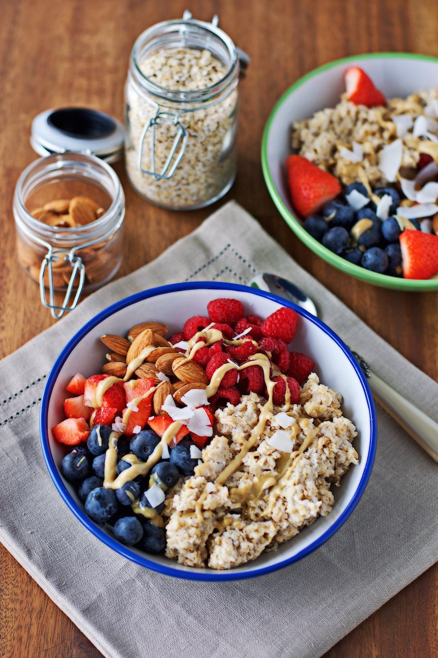 Two portions of the Breakfast Bowl on a decorative towel. 