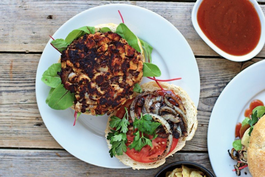 View from above on an open Vegan Buffalo Burger.