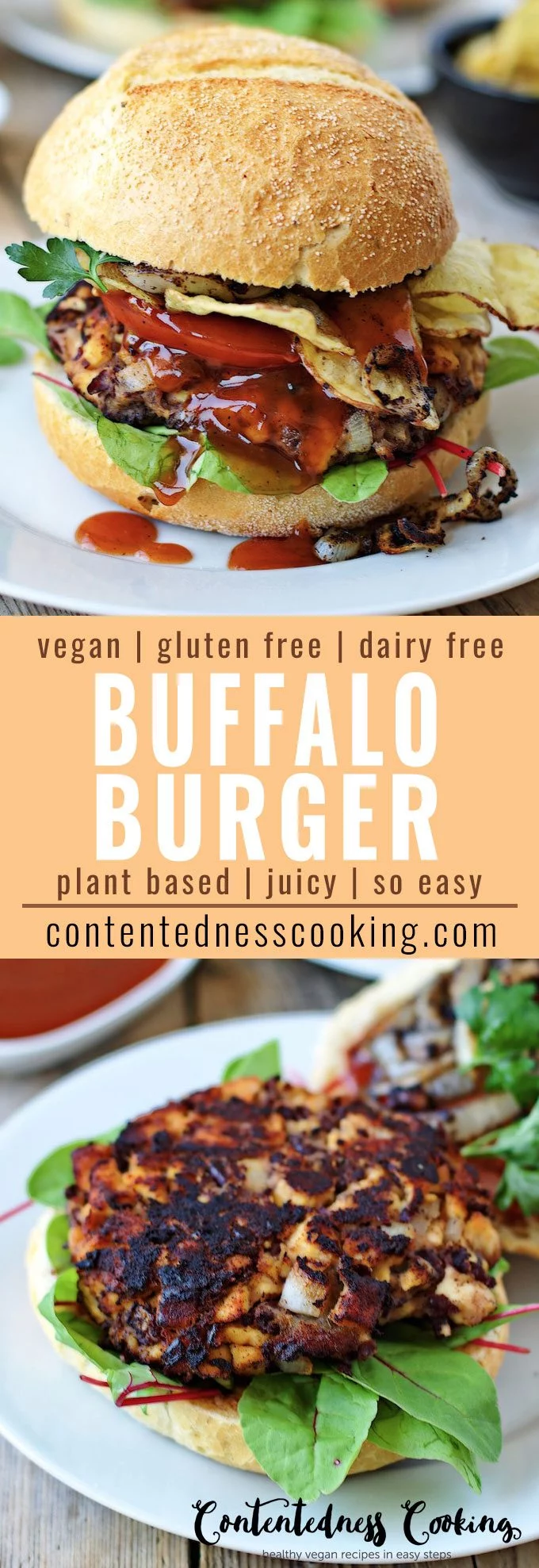 Collage of two pictures of the Vegan Buffalo Burger with recipe title text.