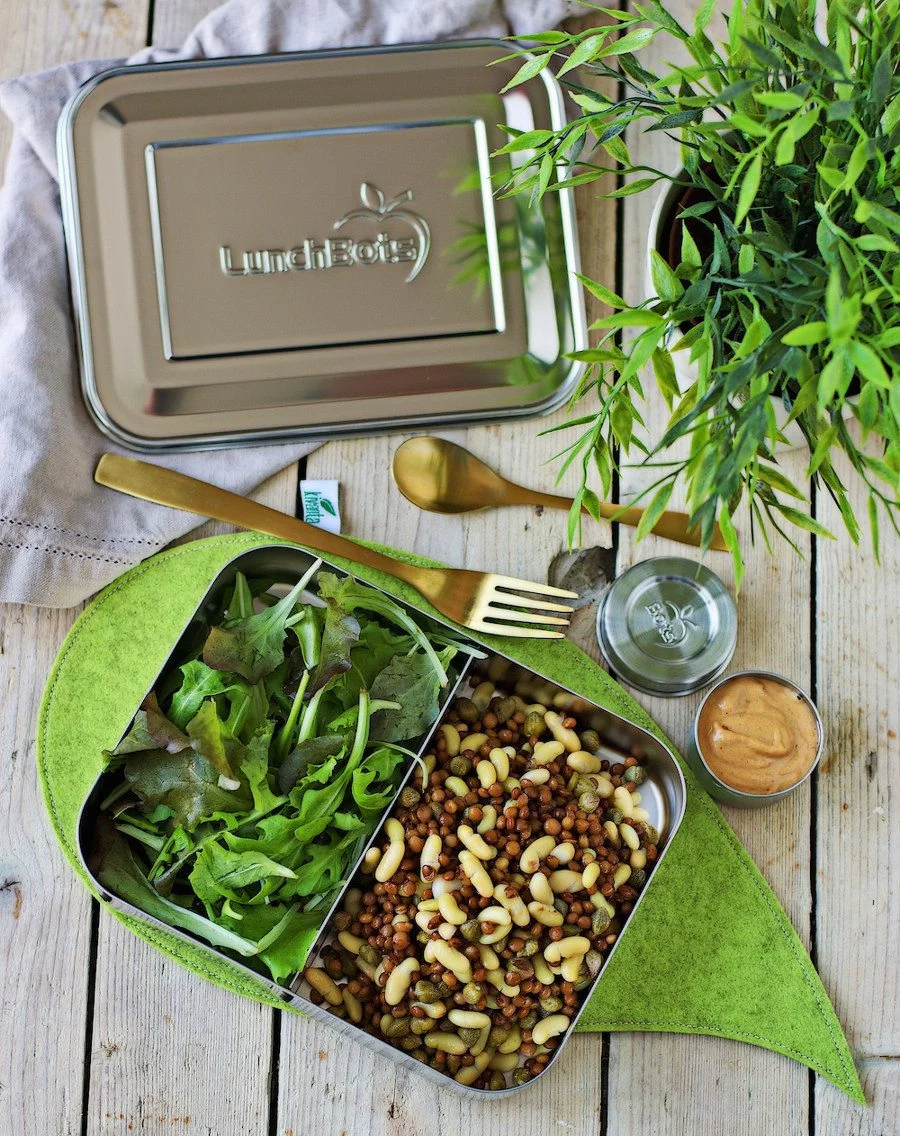 The high protein salad is shown in a lunch box.