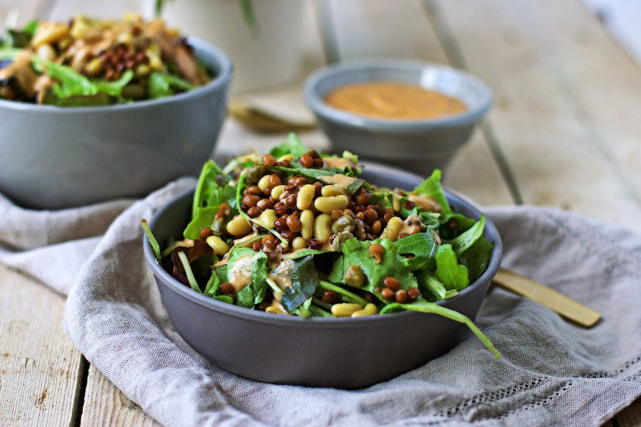 Closeup of a portion of the High Protein Salad showing lentils and beans.