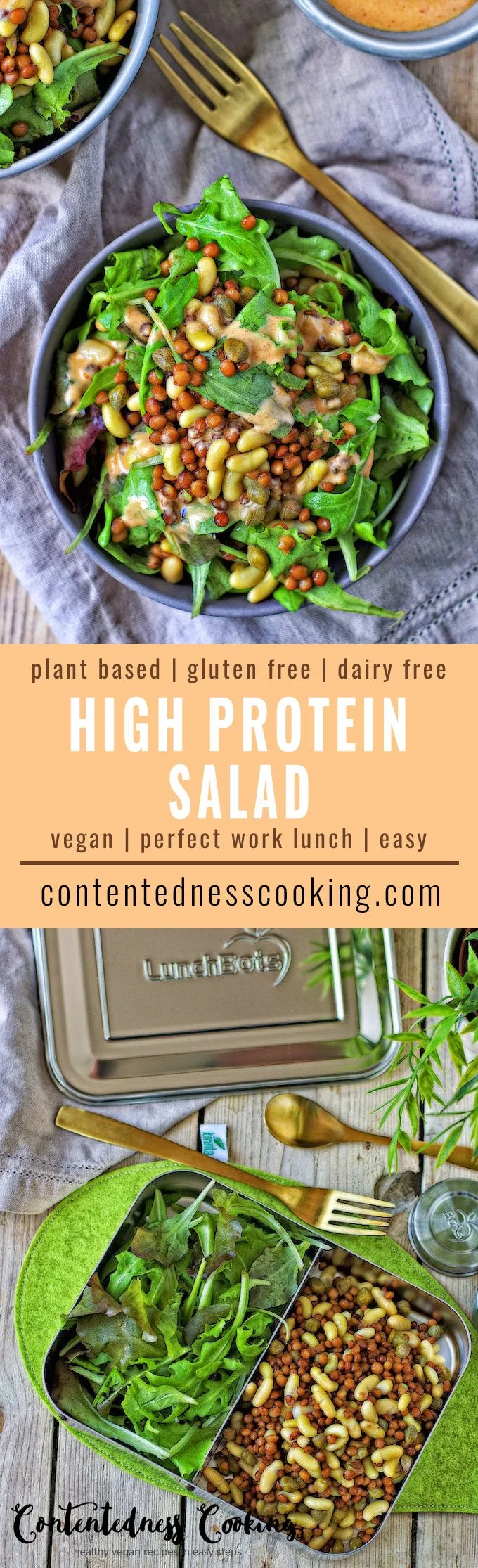 Collage of two pictures of the High Protein Salad with recipe title text.