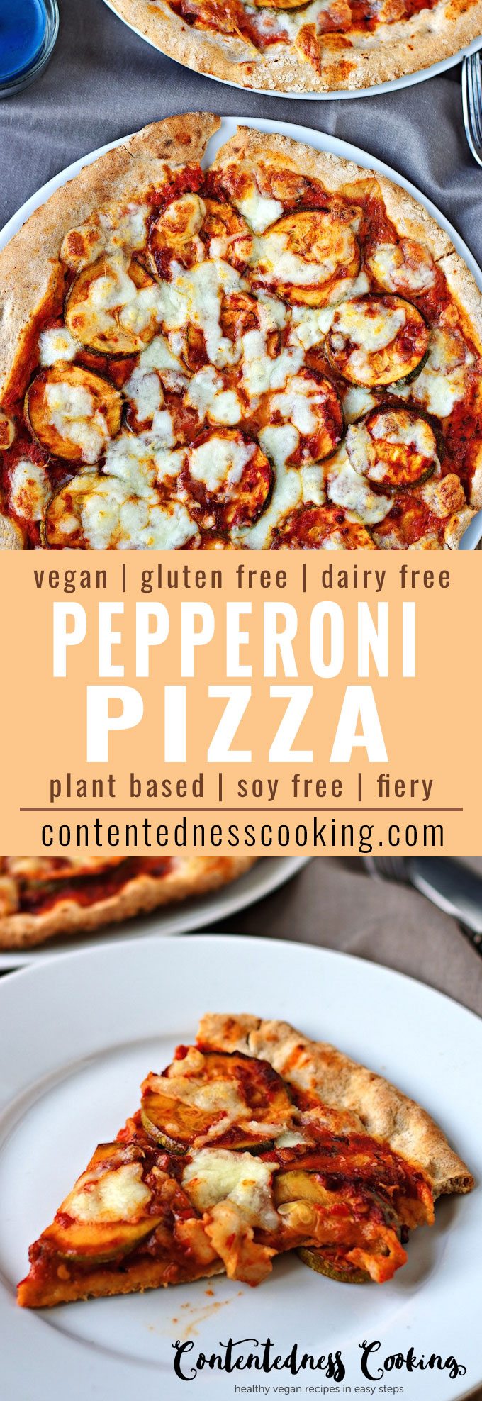 Collage of two pictures of the Vegan Pepperoni Pizza with recipe title text.