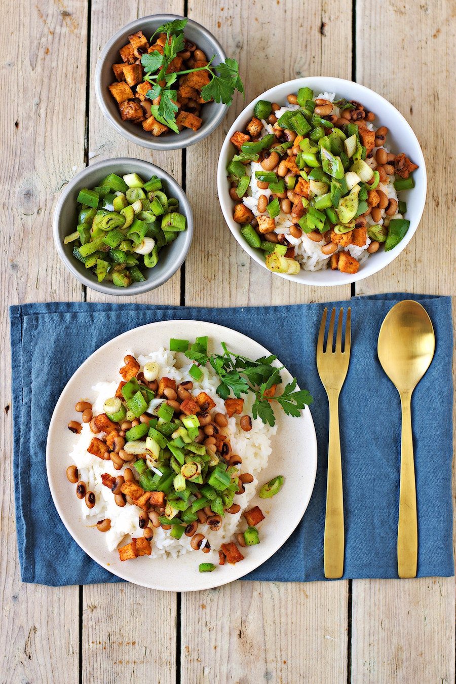 top view on a plate and bowl filled with Vegan Hoppin John