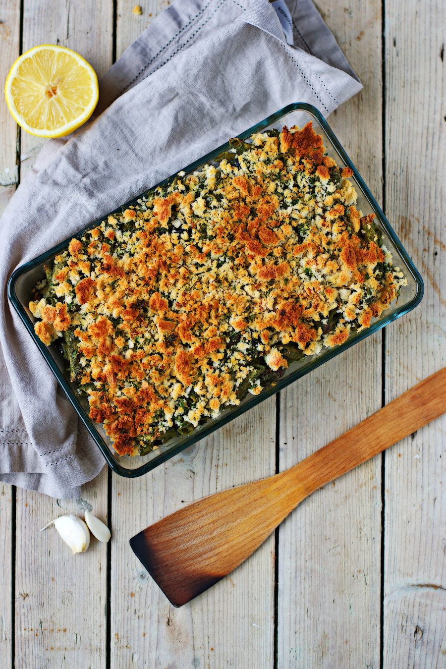 Top view on the Kale Pasta Casserole coming fresh out of the oven.