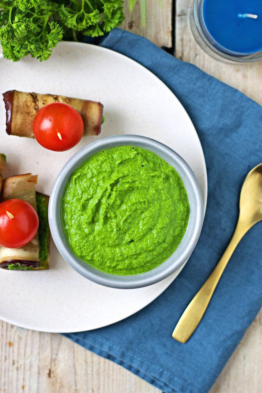 Cloesup view from the top on a small serving bowl of the Kale Pesto