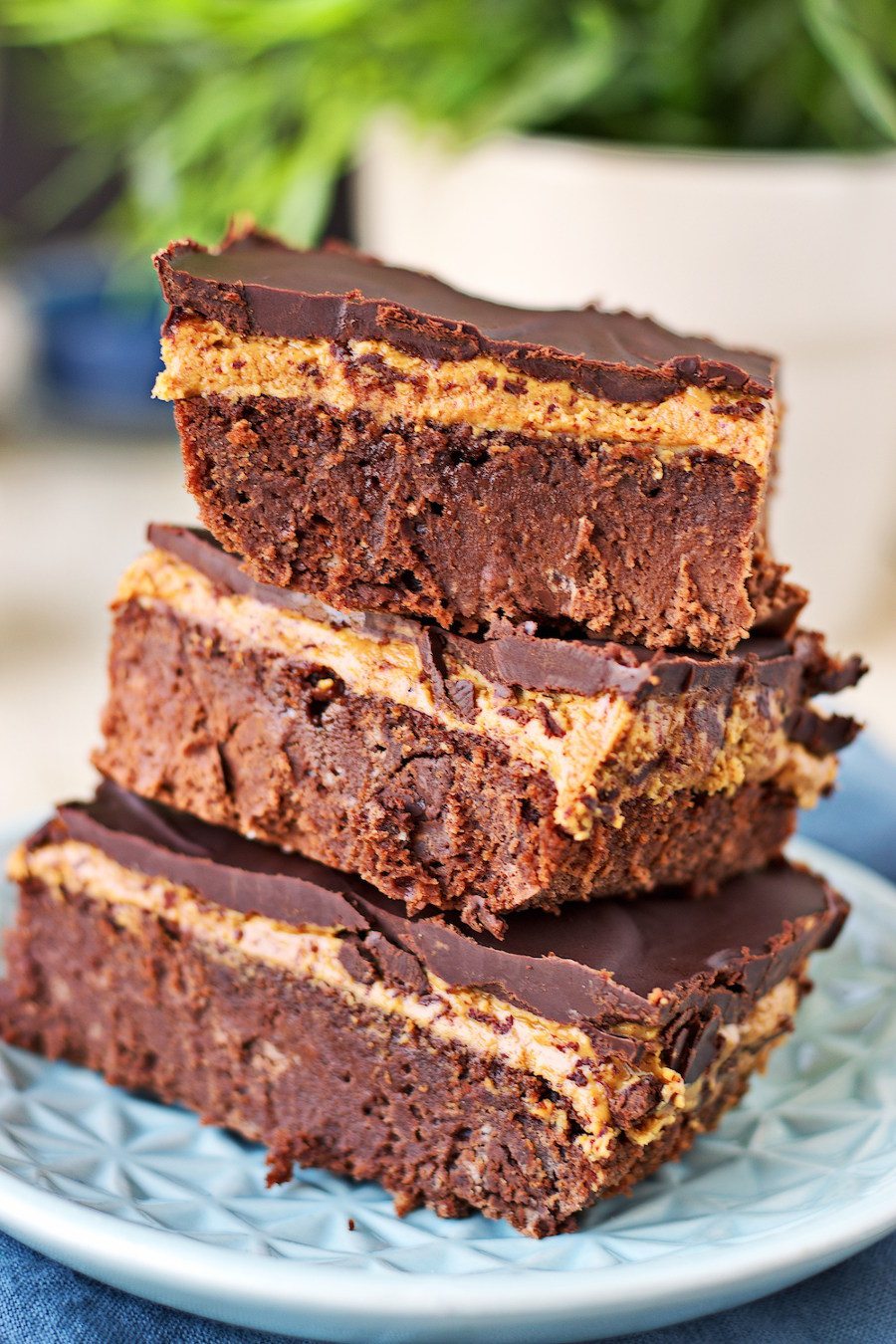 Closeup on the stack of Vegan Buckeye Brownies