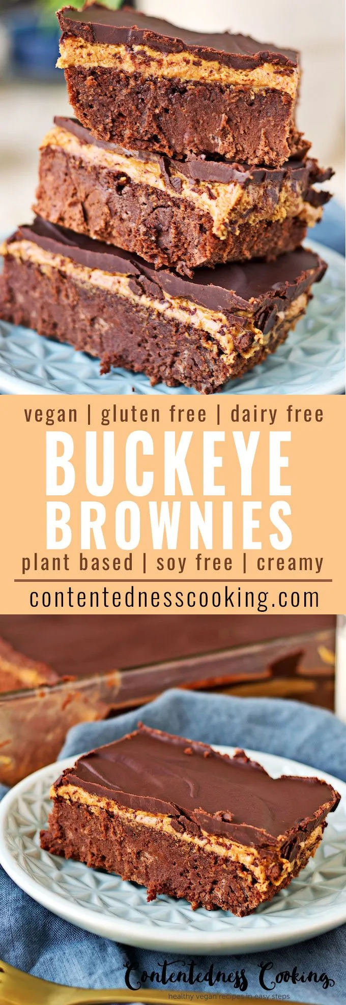 Collage of two pictures of the Vegan Buckeye Brownies with recipe title text.