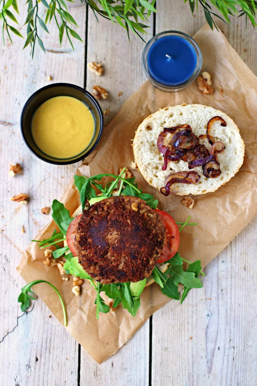 Top view on the open Vegan Lentil Burger placed on parchment paper.