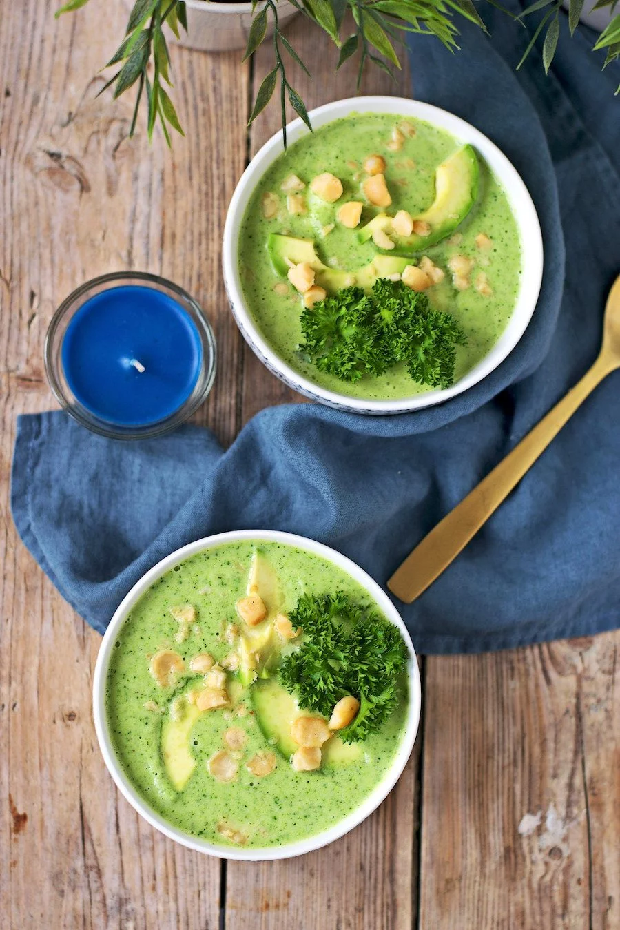 Top view on two bowls of the Detox Broccoli Soup.