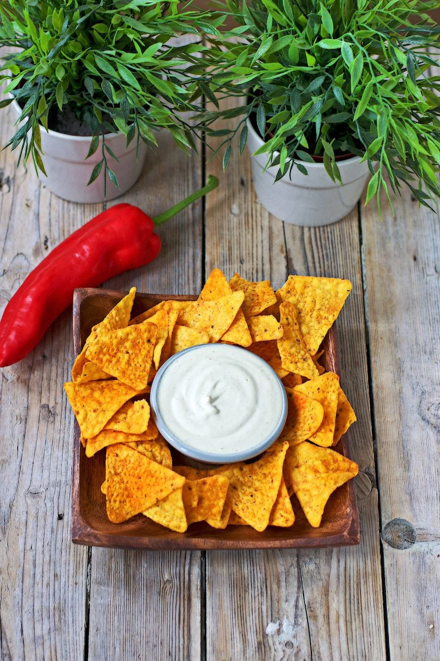 Vegan Cheese Sauce with tortilla chips.
