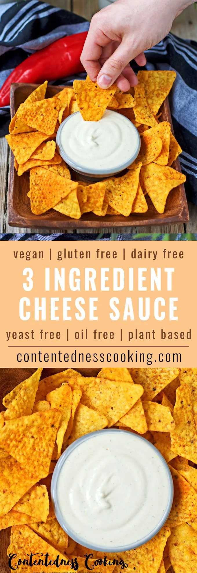 Collage of two pictures of the Vegan Cheese Sauce with recipe title text.