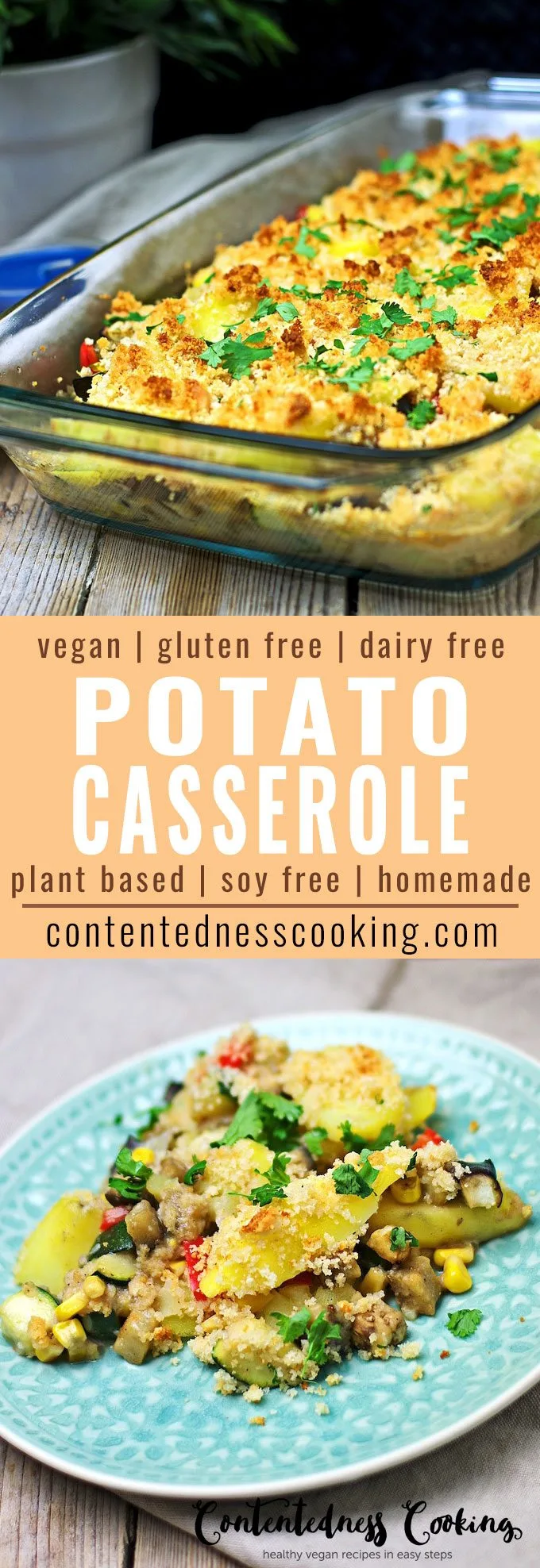 Collage of two pictures of the Vegan Potato Casserole with recipe title text.