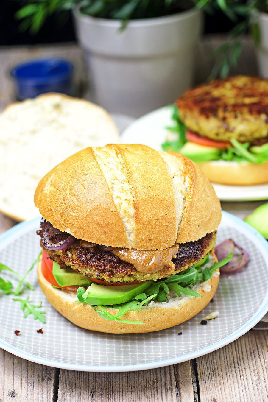 Side view on the fully assembled Veggie Burger with Cauliflower.