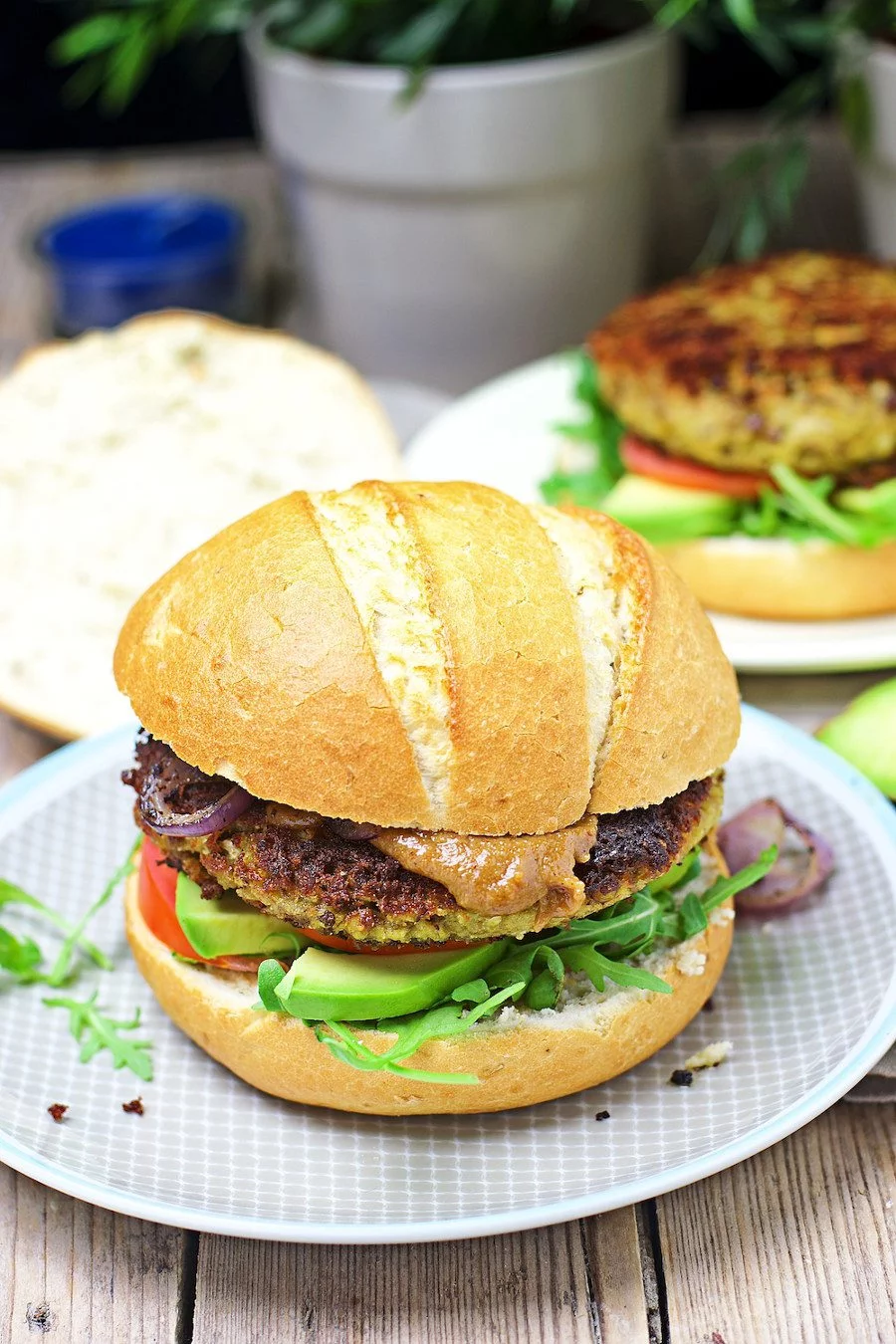 Side view on the fully assembled Veggie Burger with Cauliflower.