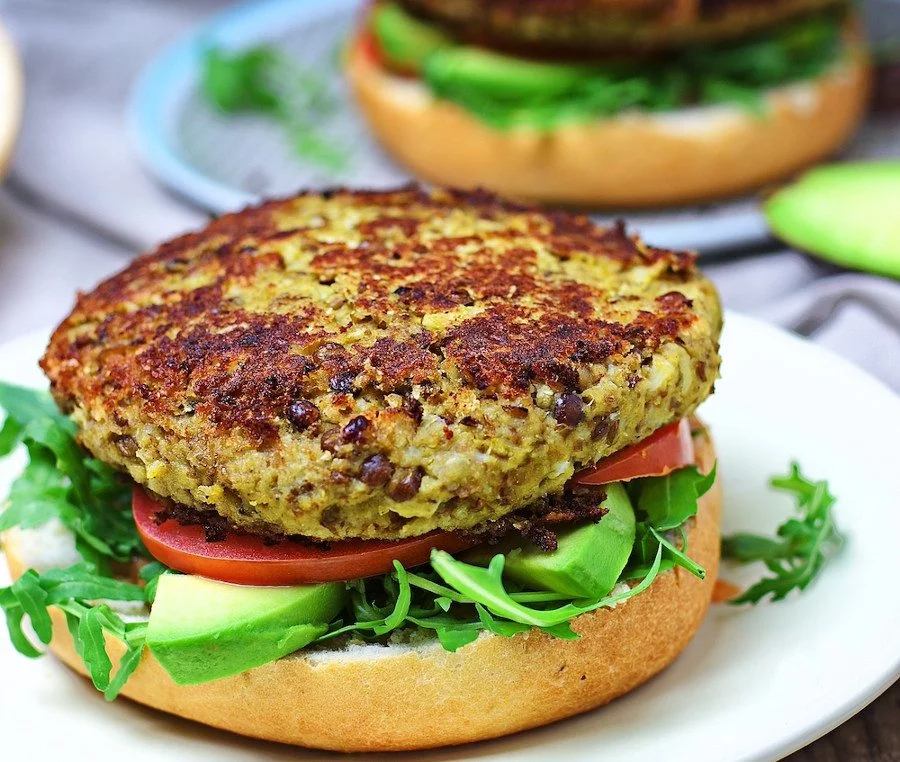 Closeup view from the side on an open Veggie Burger with Cauliflower
