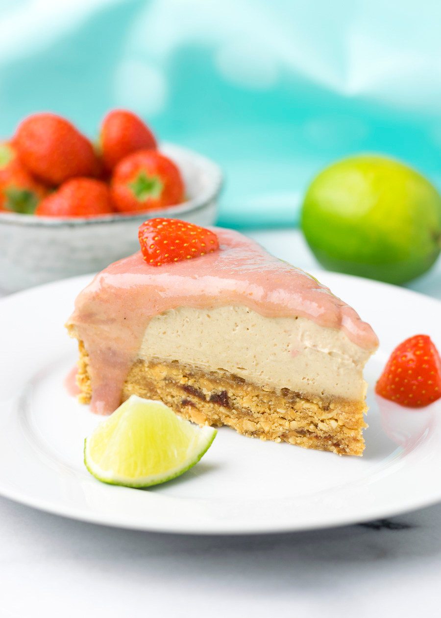 A slice of the Raw Vegan Strawberry Peanut Butter Cheesecake on a plate.