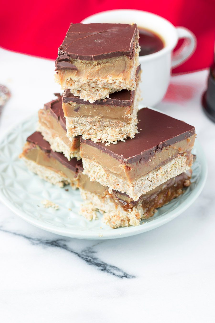 Stack of five pieces of Vegan Caramel Shortbread