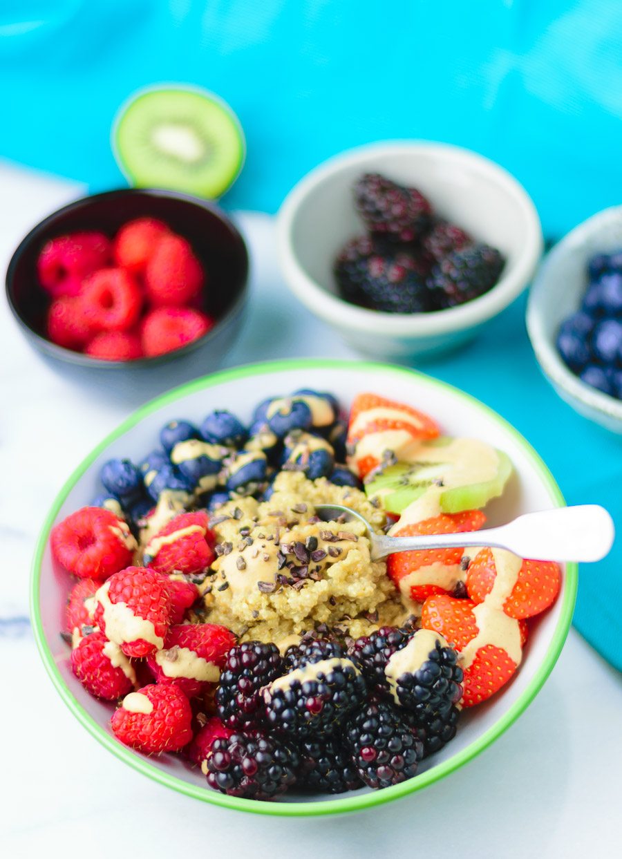 Top closup on a wide Everyday Quinoa Breakfast Bowl.