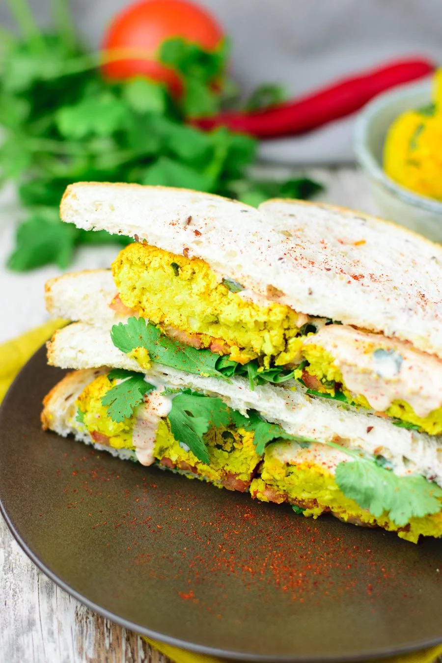 Closeup on the turmeric falafels.