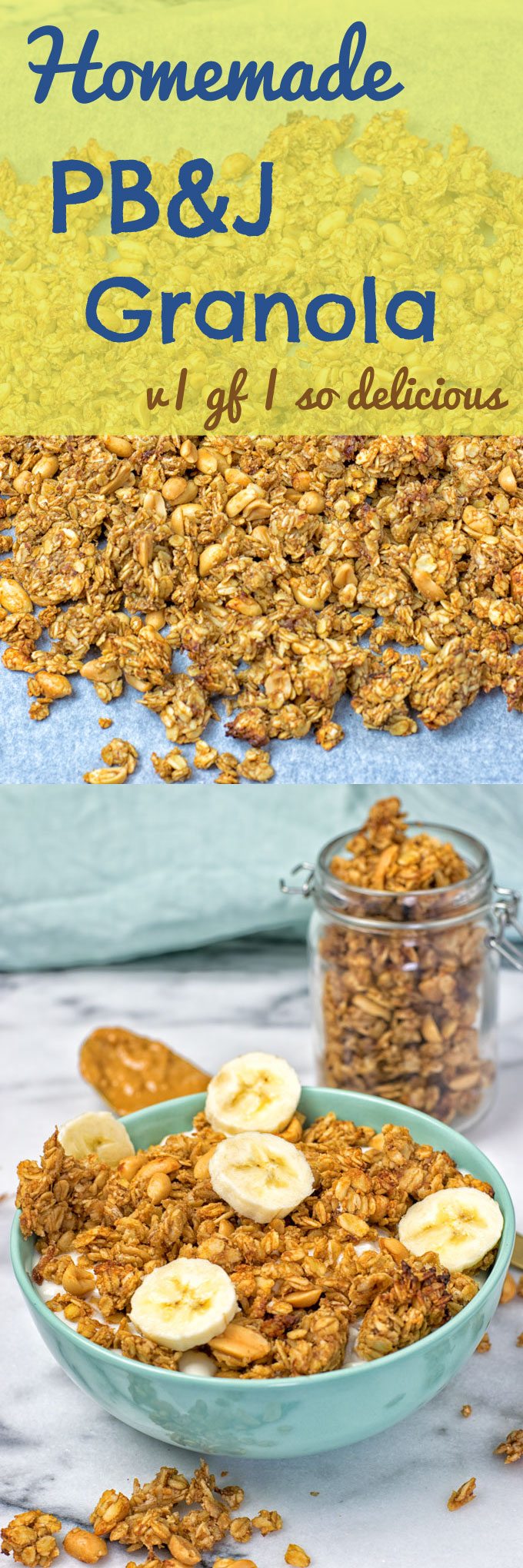 Collage of two pictures of the Homemade PB&J Granola with recipe title text.