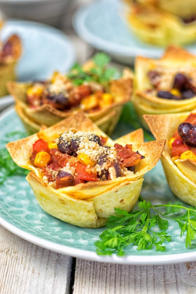A few Easy Vegan Taco Cups on a plate.