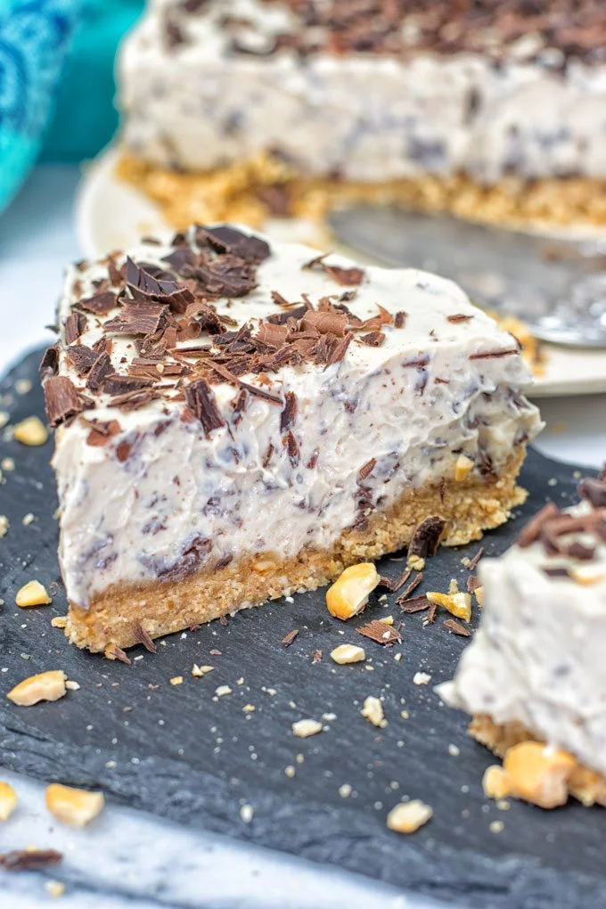 Closeup of a slice of Stracciatella Cream Pie.