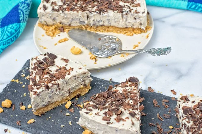 Three slices of the Stracciatella Cream Pie on a serving plate. 