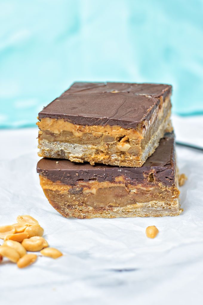 Double stack of Vegan Snickers Bars.