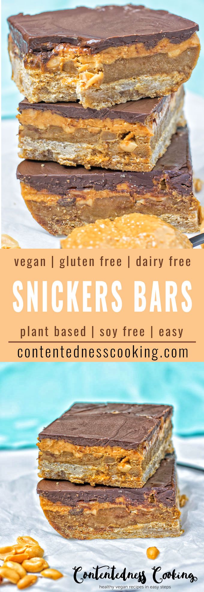 Collage of two pictures of the Vegan Snickers Bars with recipe title text.