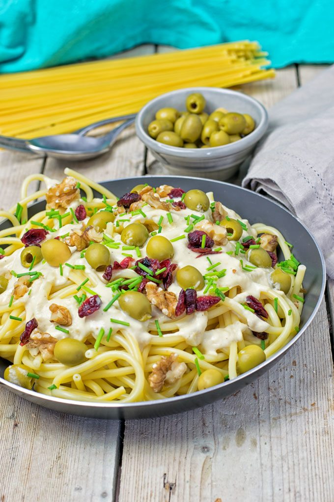 10 Minute Mediterranean Vegan Pasta in a medium sauce pan.