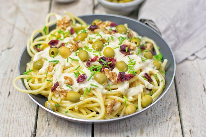 Side view of 10 Minute Mediterranean Vegan Pasta.