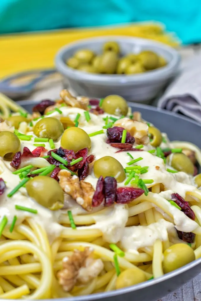 Closeup view on 10 Minute Mediterranean Vegan Pasta