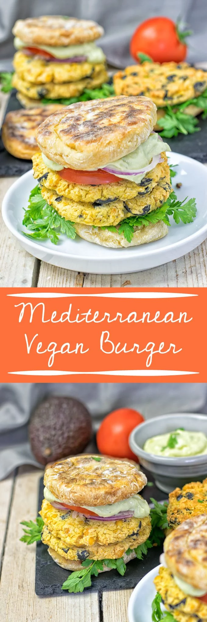Collage of two pictures of the Mediterranean Vegan Burger with recipe title text.