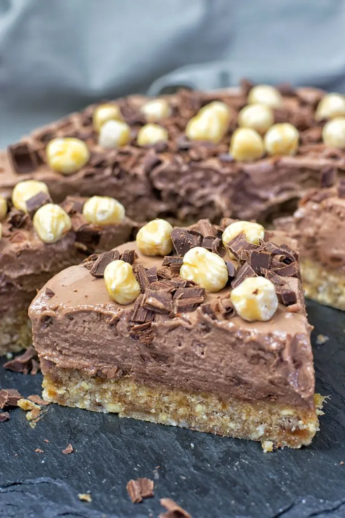 Closeup on a slice of the Nocciolato Hazelnut Cream Pie.