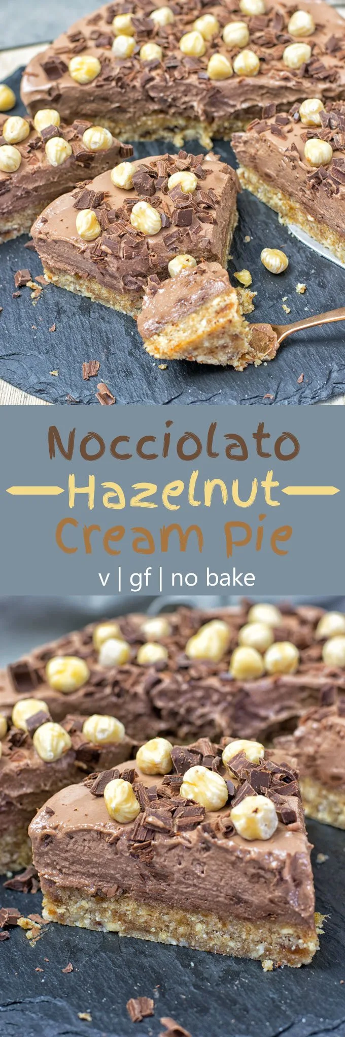 Collage of two pictures of the Nocciolato Hazelnut Cream Pie with recipe title text.