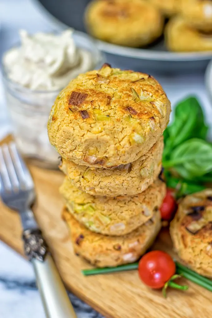 Closeup of a stack of Roasted Garlic Vegan Cheese Fritters.