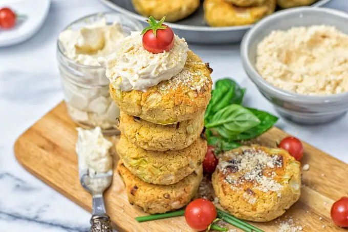 Roasted Garlic Vegan Cheese Fritters on a wood board.