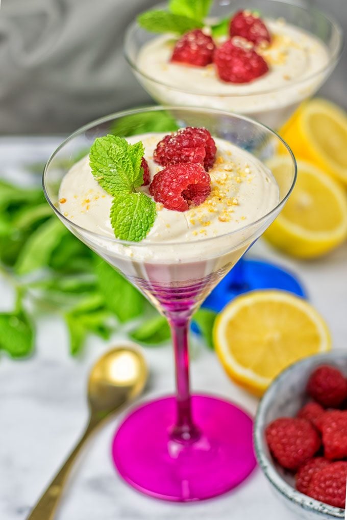 Closeup of Lemon Cheesecake Mousse in a glass.
