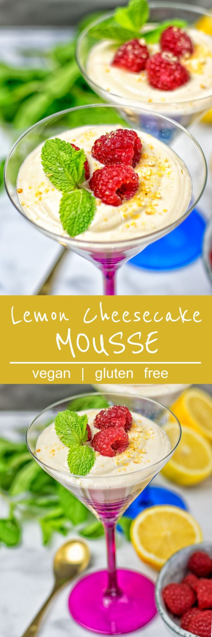 Collage of two pictures of Lemon Cheesecake Mousse with recipe title text.