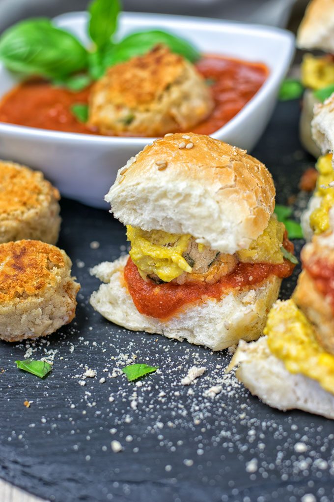 Closeup on a closed Marinara Meatball Sub