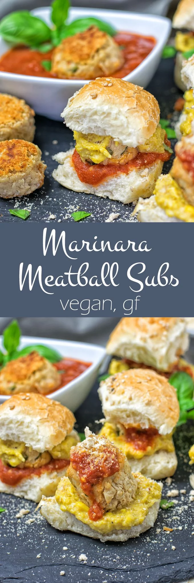Collage of two pictures of Marinara Meatball Subs with recipe title text.