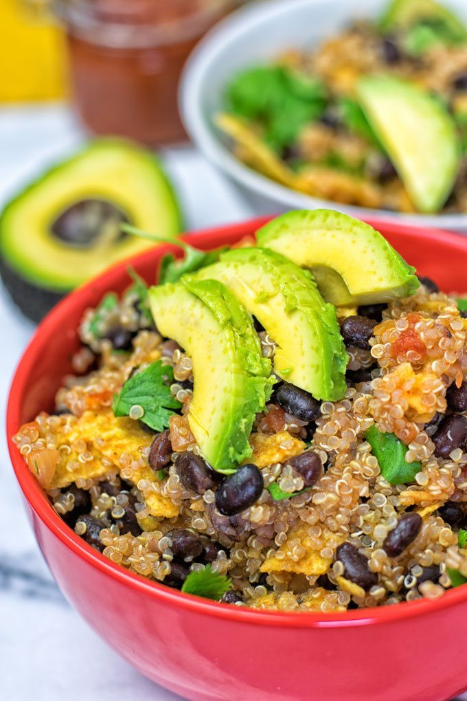 Avocaso slices as topping for the Quinoa Taco Salad.