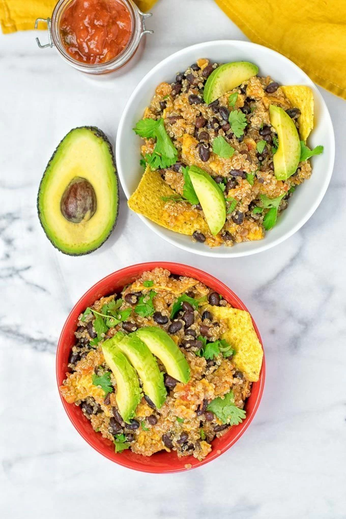 Top view on two bowls of the Quinoa Taco Salad.