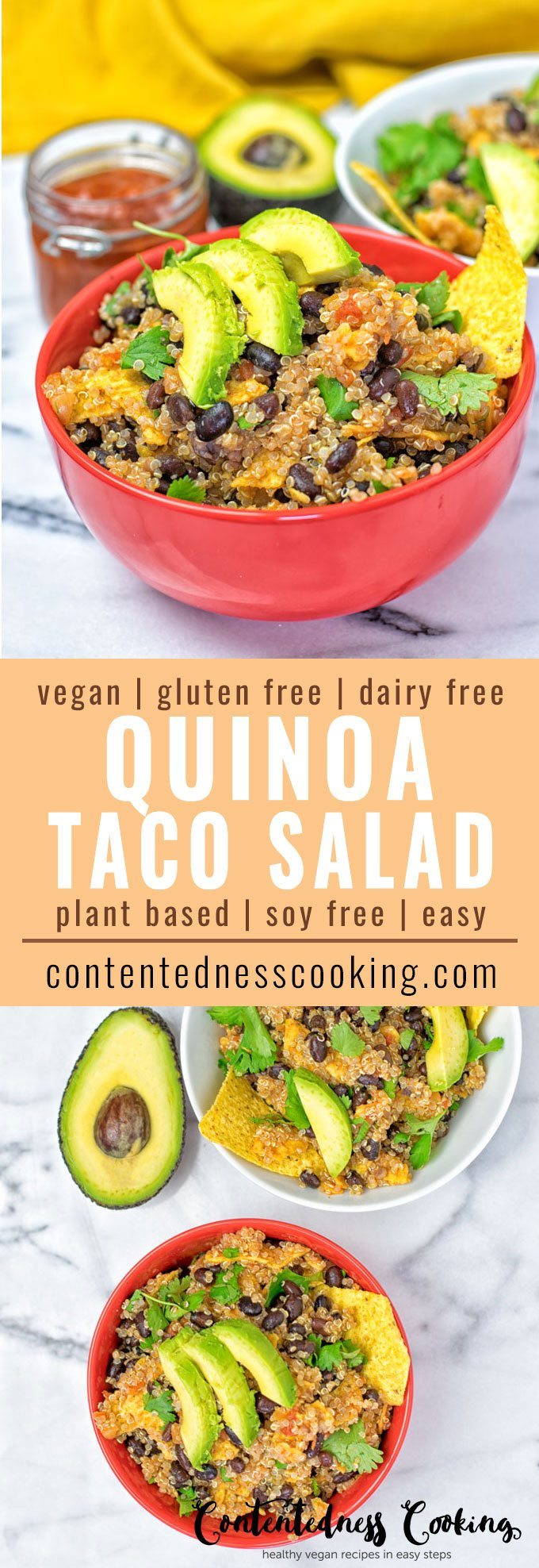 Collage of two pictures of the Quinoa Taco Salad with recipe title text.