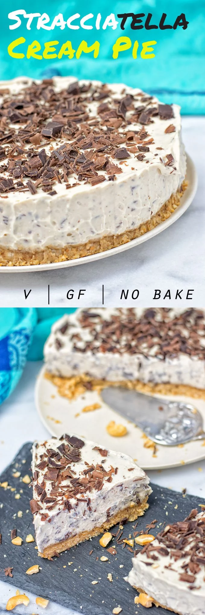 Collage of two pictures of the Stracciatella Cream Pie with recipe title text.