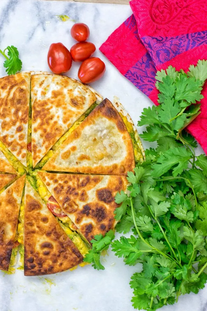 Closeup on the Vegan Cheese Quesadillas from above.