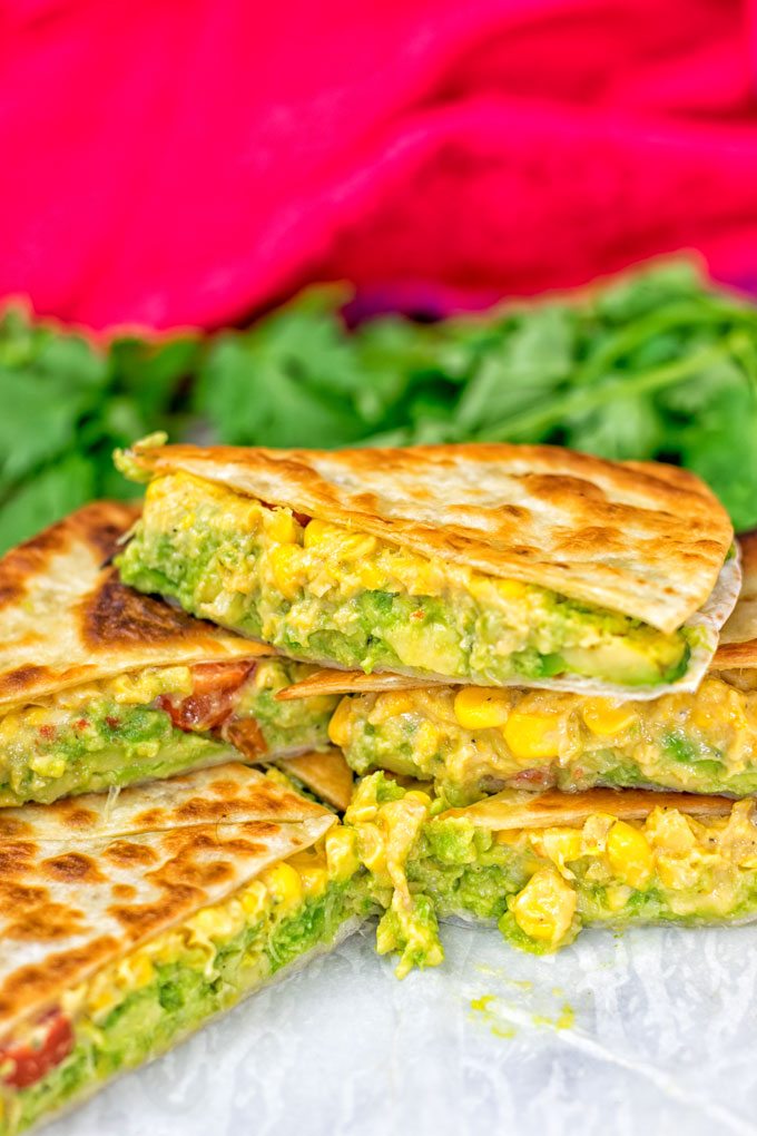 Side view of a stack of Vegan Cheese Quesadillas.